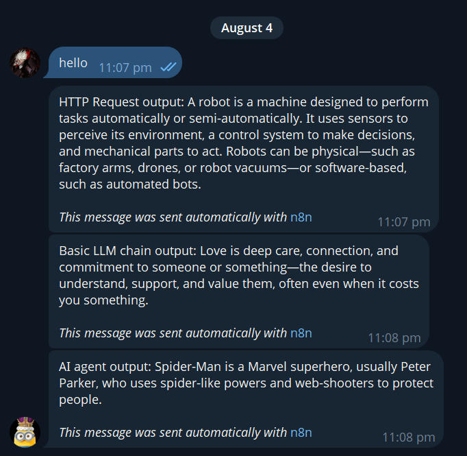Telegram conversation receiving HTTP Request, Basic LLM Chain, and AI Agent outputs