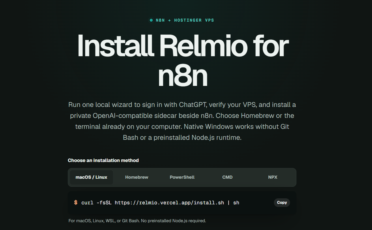 Hosted Relmio installation page with macOS/Linux, Homebrew, PowerShell, Command Prompt, and NPX choices