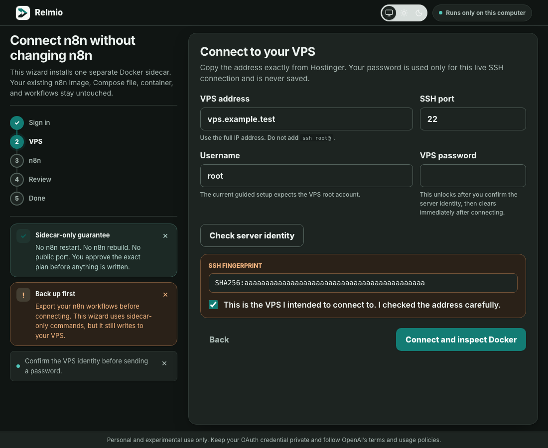 VPS identity confirmation with the address and SSH fingerprint redacted
