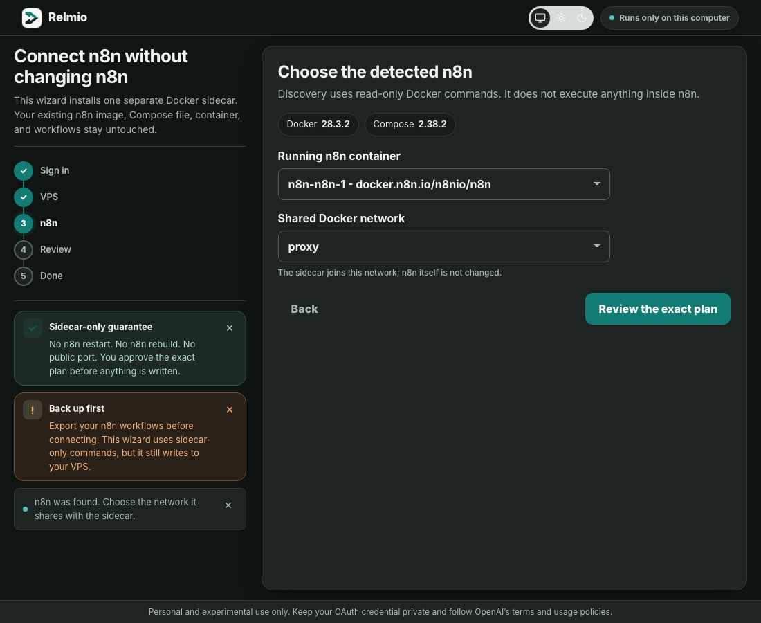 Detected n8n container and shared Docker network
