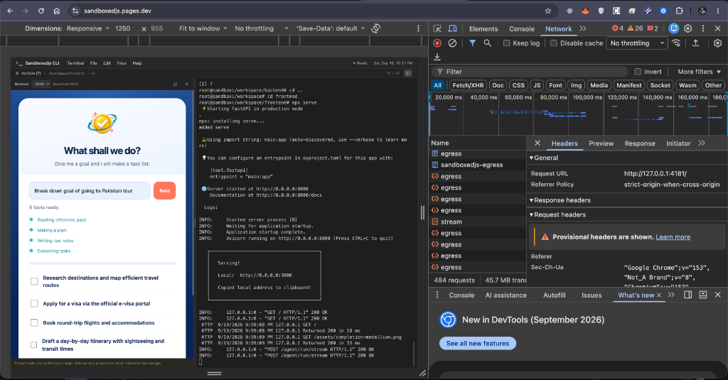 SandboxedJS running a full-stack project in a browser