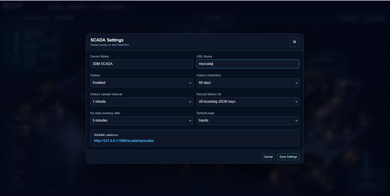 SCADA settings, history options and local canvas address