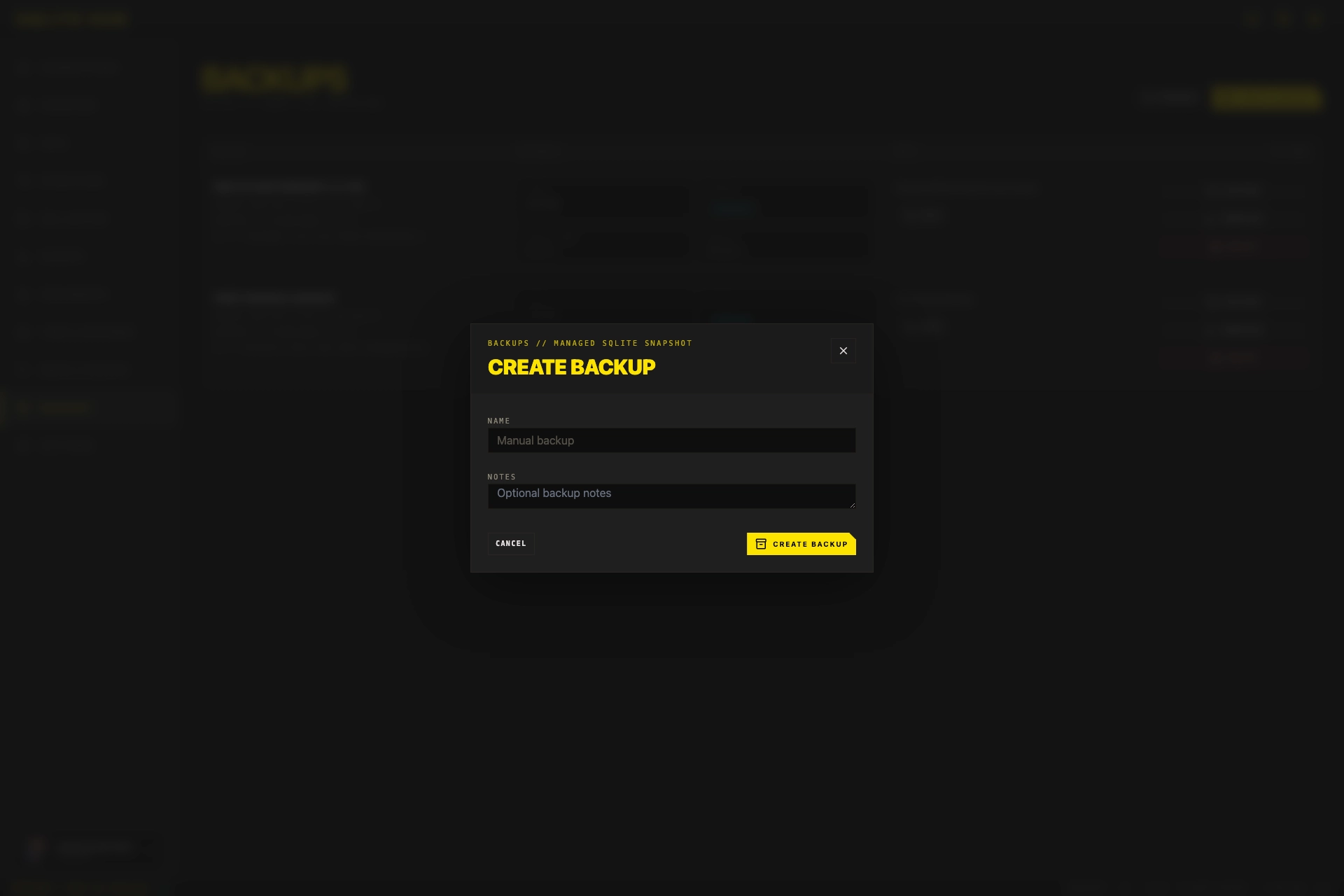 SQLite Hub create backup modal