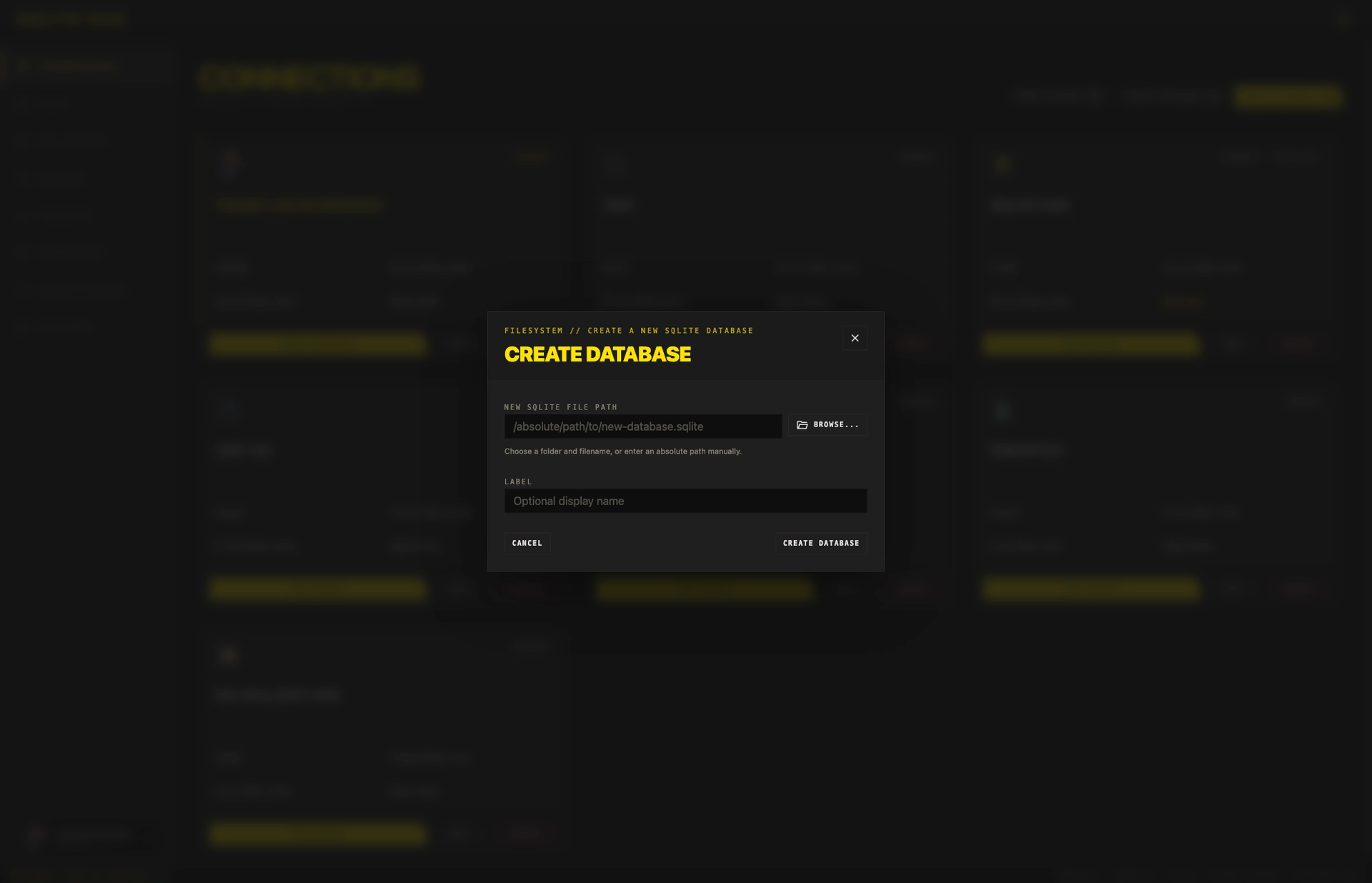 SQLite Hub create connection modal