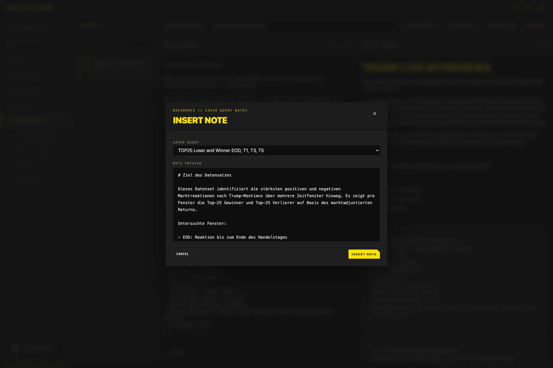 SQLite Hub insert saved query note into a document