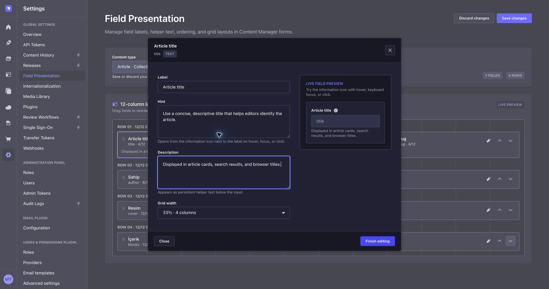 Field presentation editor modal