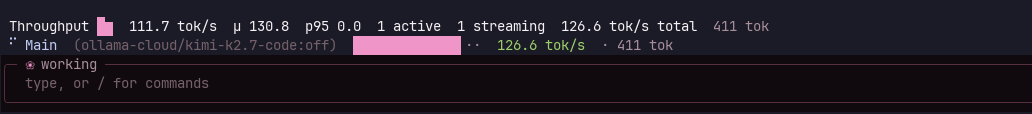 Main agent TPS meter in the panel above the editor: gauge, live tok/s rate,
12-turn sparkline, mean, and p95