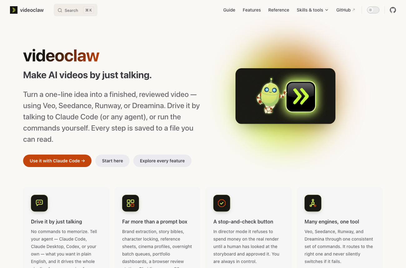 videoclaw documentation site — make AI videos by just talking