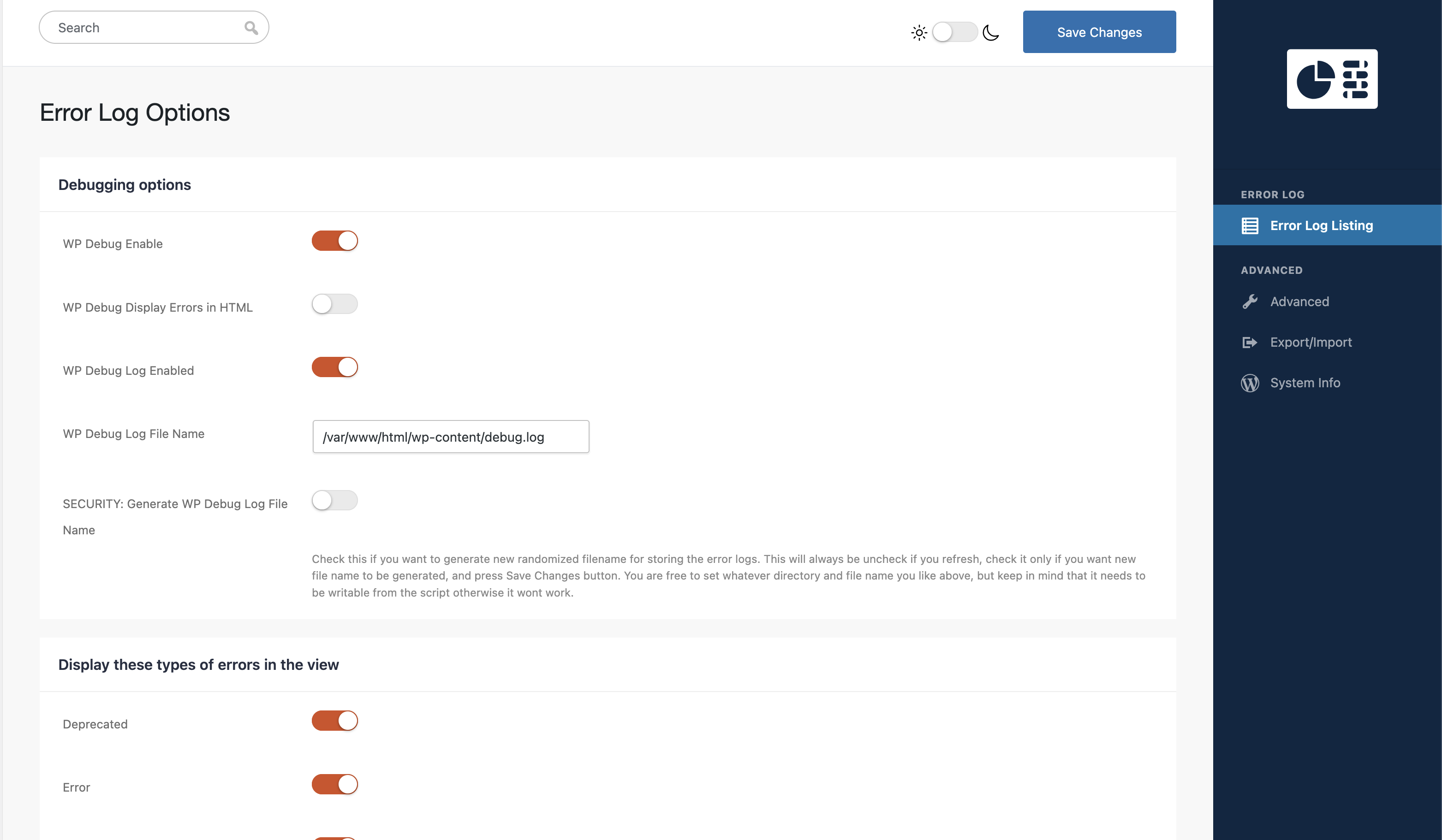 **Settings Page** - Toggle logging options and configure advanced settings.