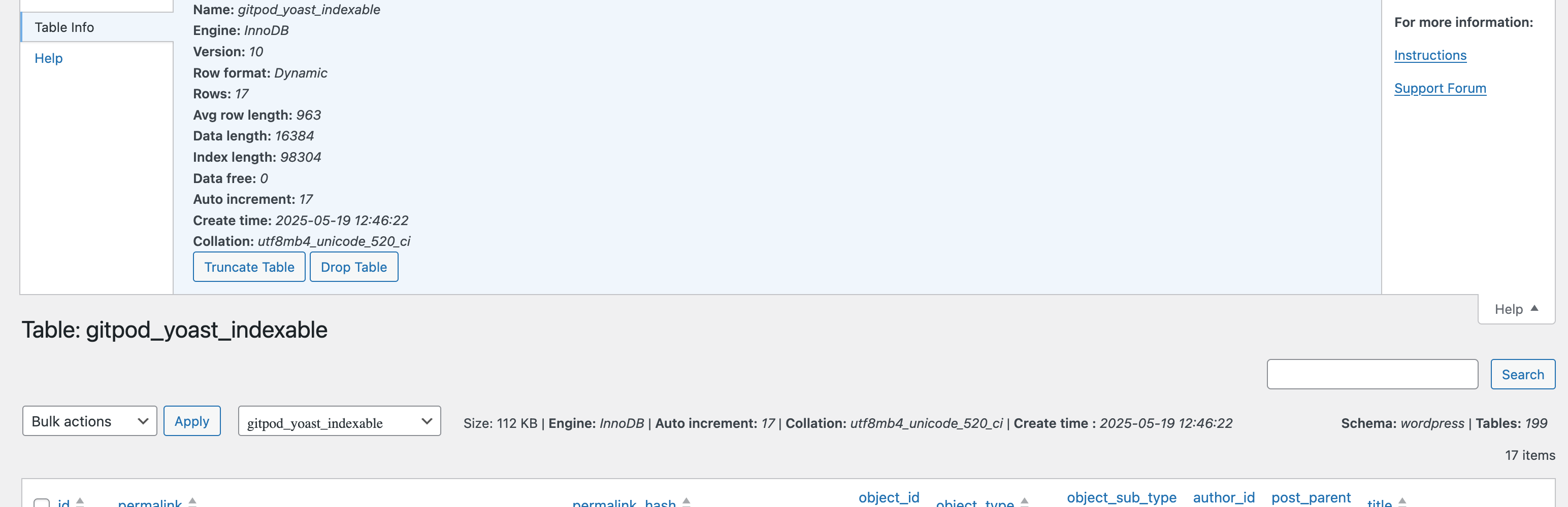 **Table manager operations** - Current table more detailed information and truncate and delete operations.