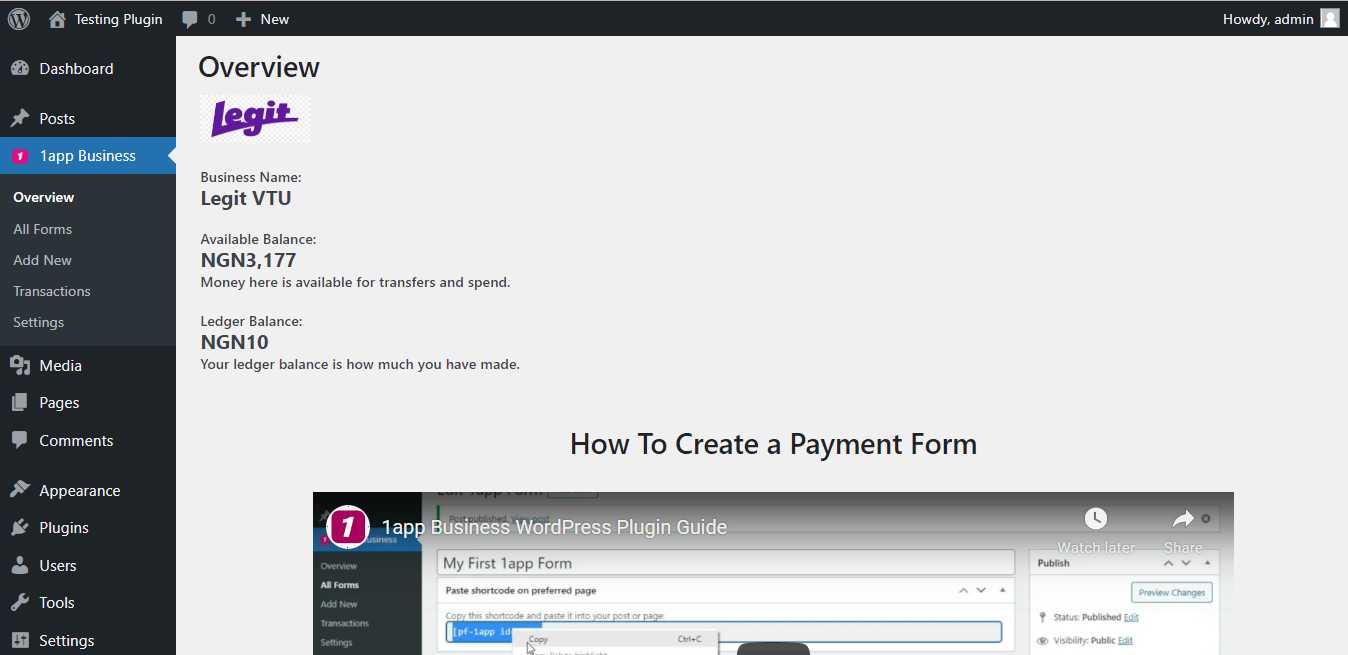 The screenshot-2 is the Overview page where you see few details about your connected 1app business account and a video on how to setup a payment form.