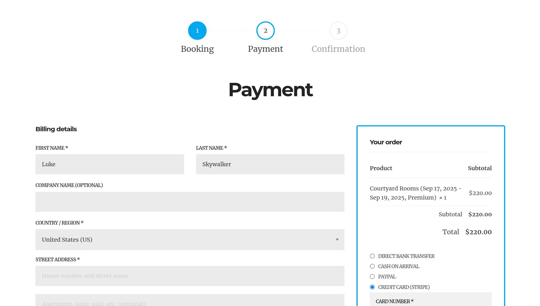 Booking payment options