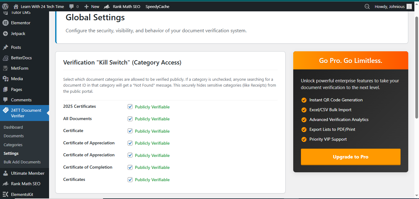 **Verification "Kill Switch":** Granular control over category privacy. Instantly hide sensitive document categories from the public portal.
