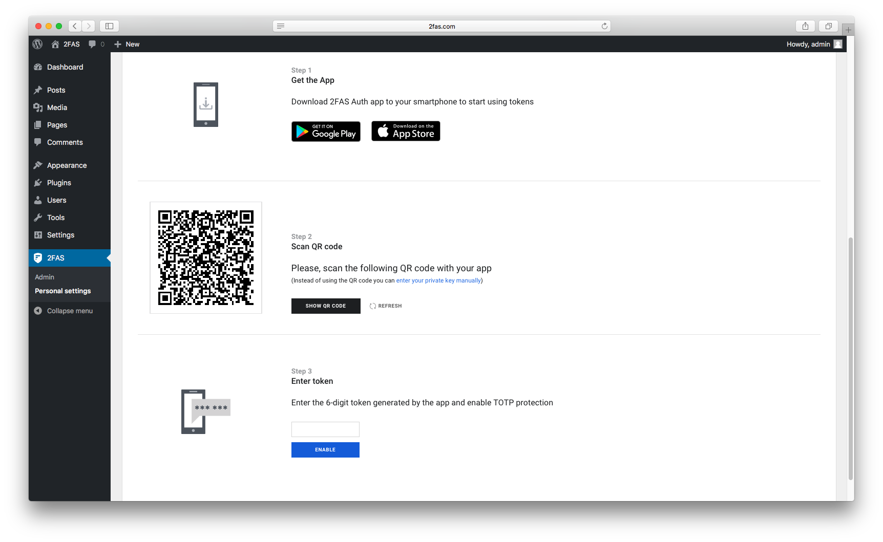 Configuring the two-factor authentication in the 2FAS plugin.