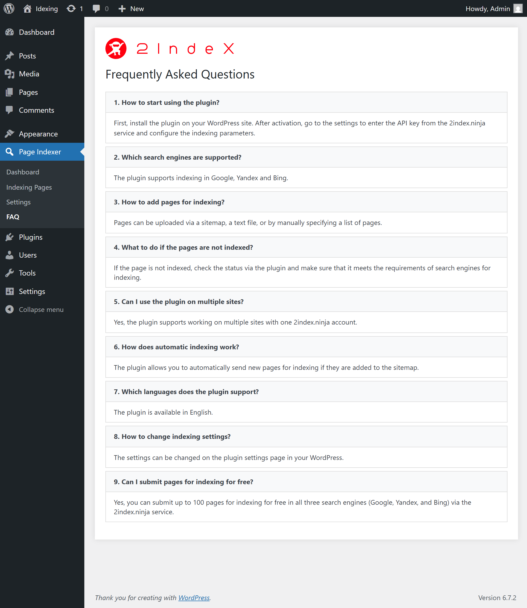 **FAQ Page** – Contains common questions and answers about the plugin and service.