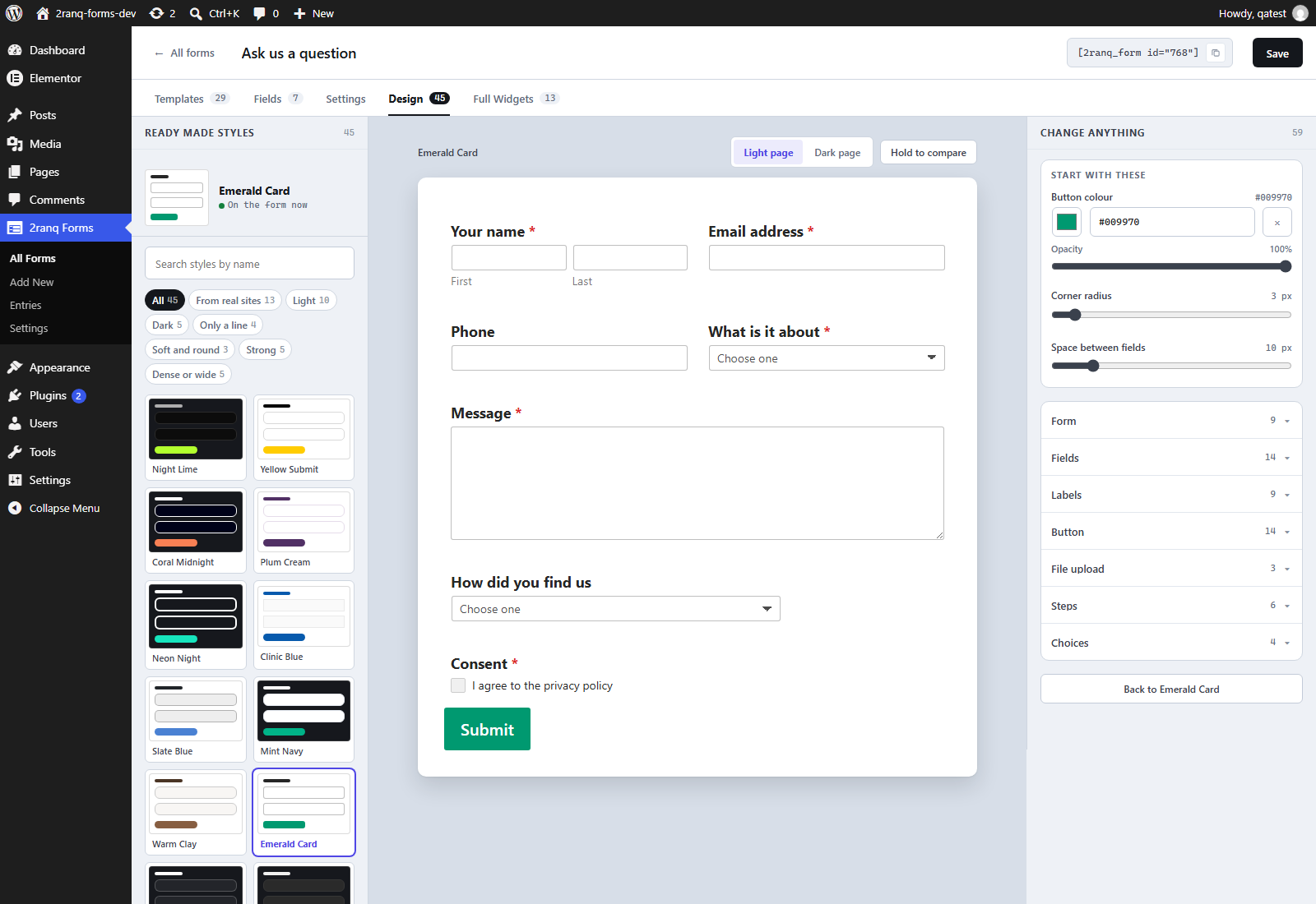 The Design tab, with ready made styles and every setting.