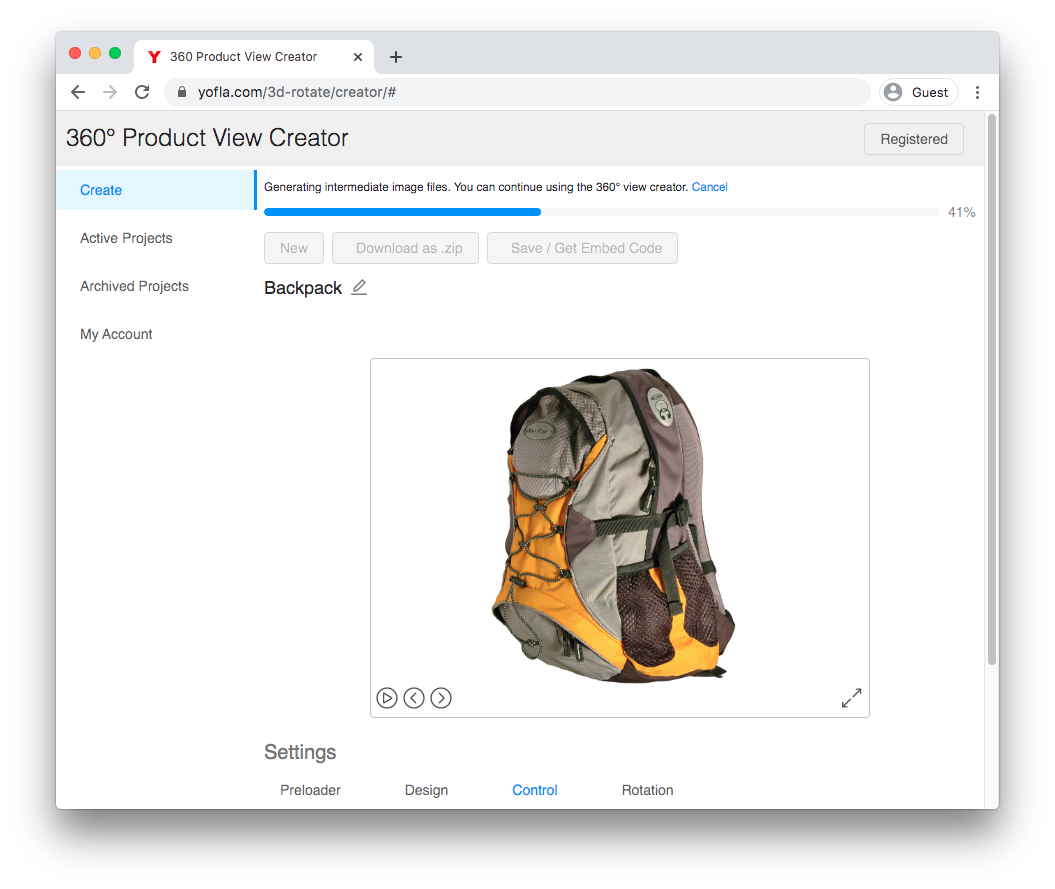 Web-based interface for creating 360 views (external website)