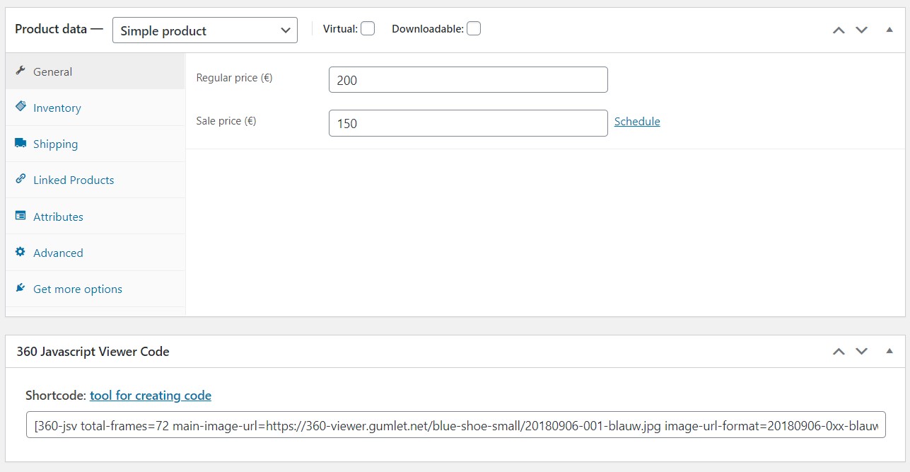 WooCommerce product admin, add shortcode to show an 360 product view