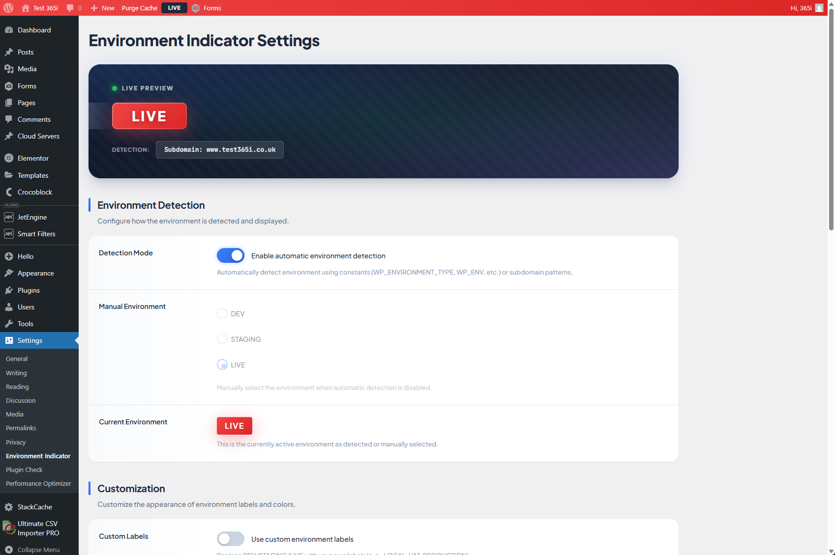 Settings page with automatic detection enabled showing LIVE environment via subdomain detection