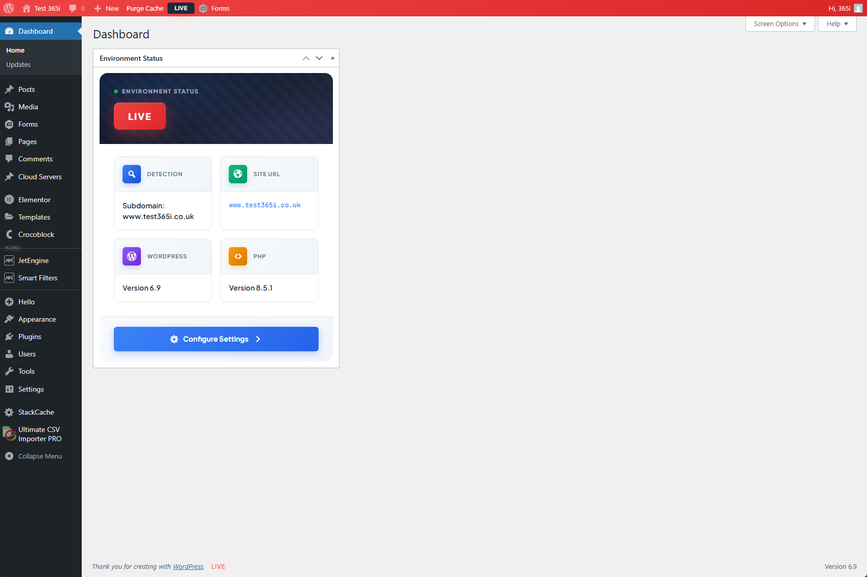 Dashboard widget displaying environment status, detection method, site URL, and system versions