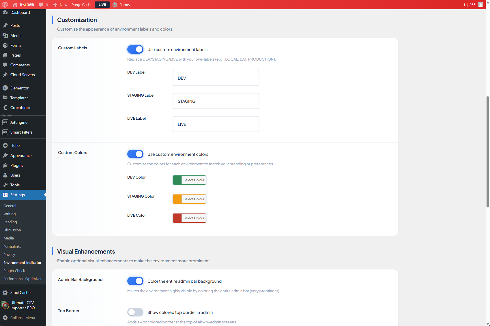 Customization options with custom labels and custom colors enabled, plus color pickers
