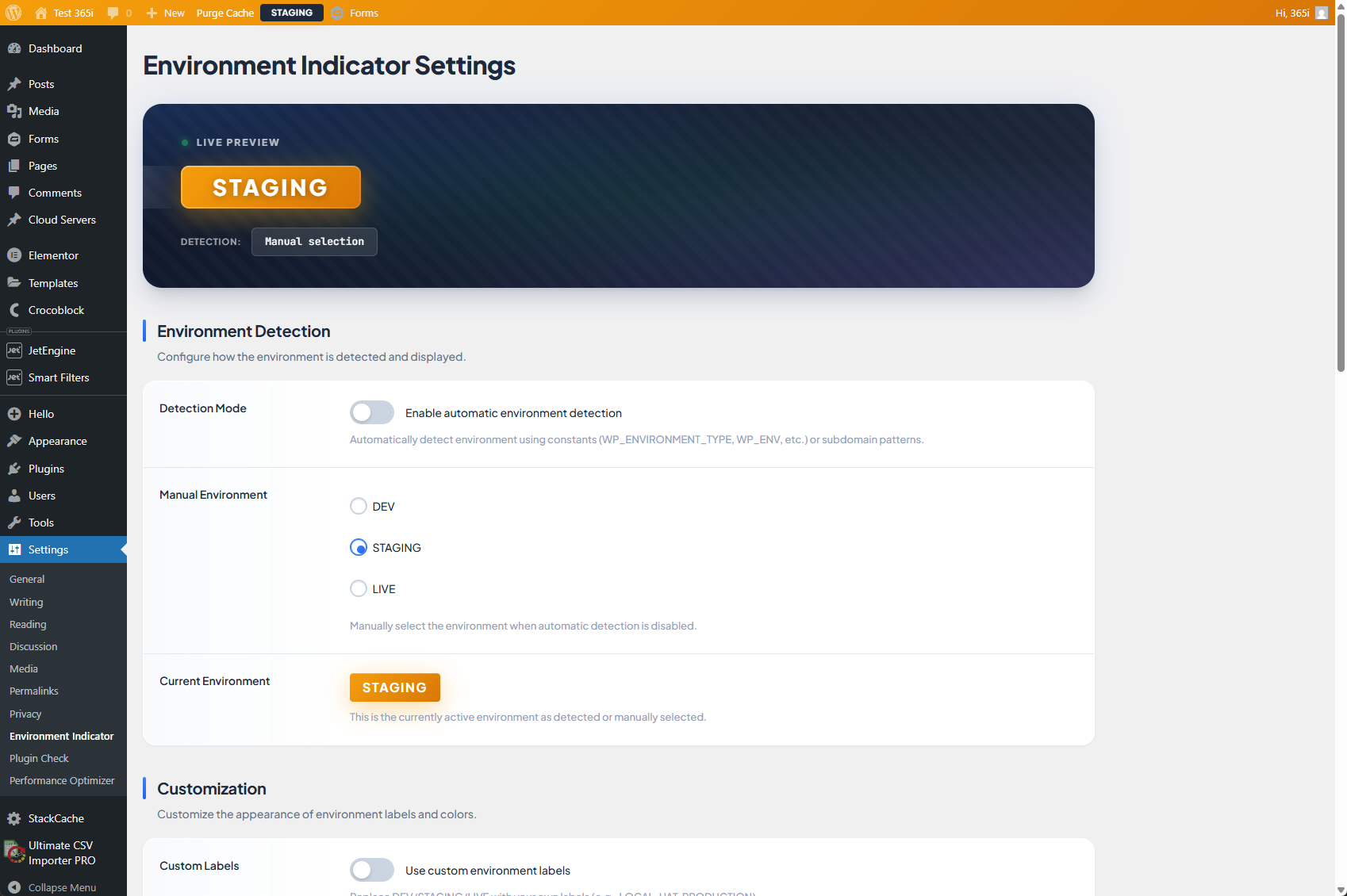 Settings page showing STAGING environment with orange admin bar background coloring
