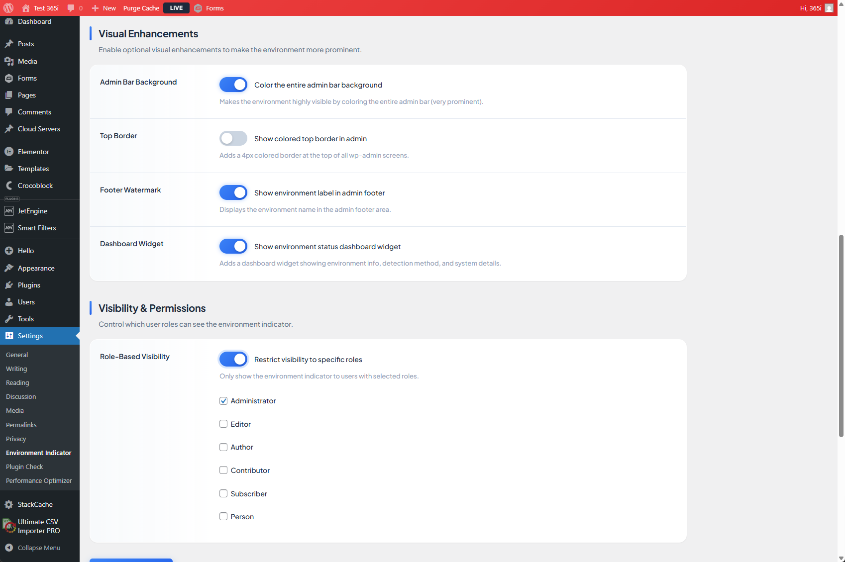 Visual enhancements toggles and role-based visibility settings with user role selection