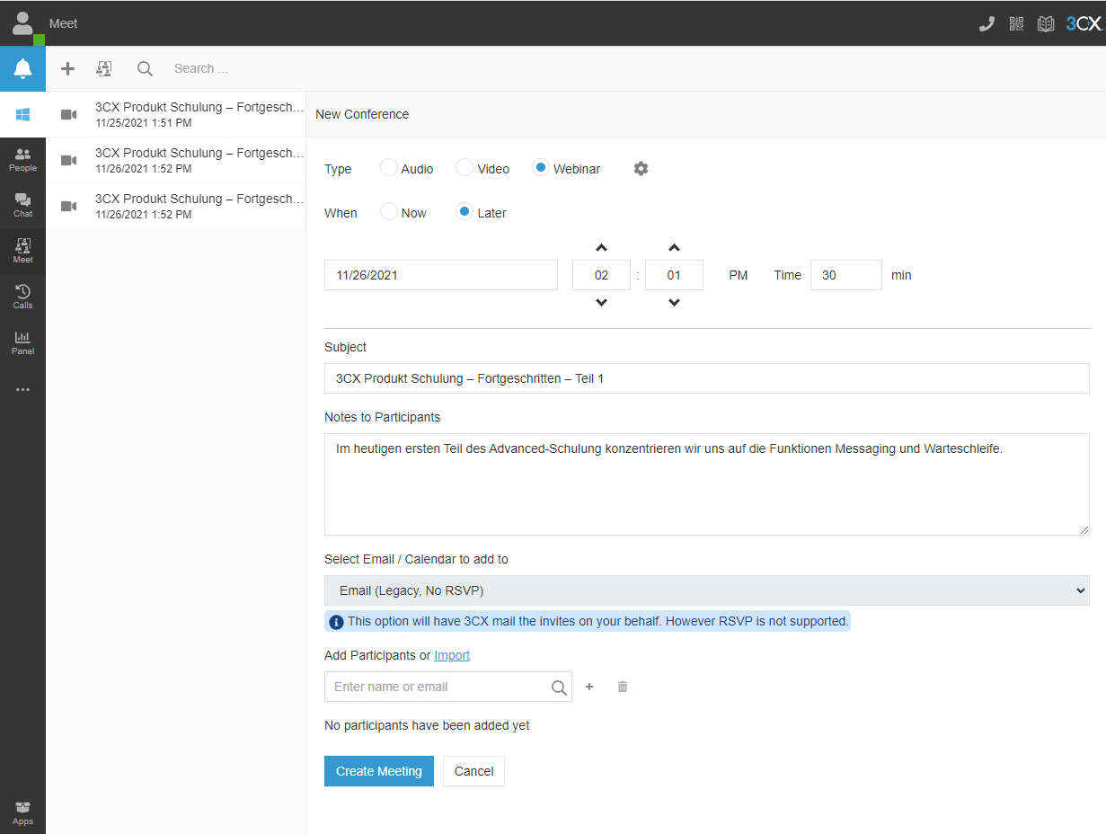 New Webinar options in 3CX Web Client.