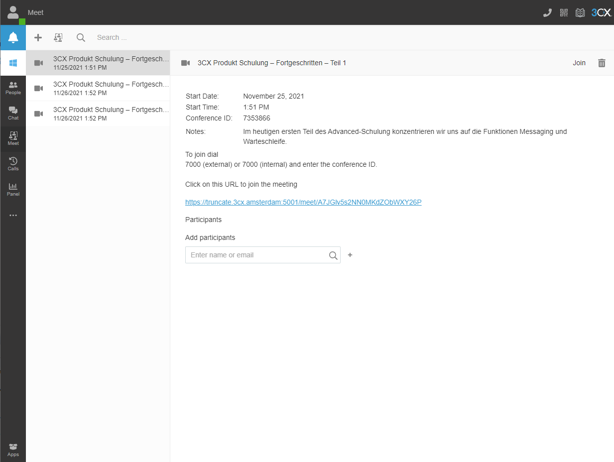 3CX Web Client view of scheduled webinars as seen by 3CX user/agent.
