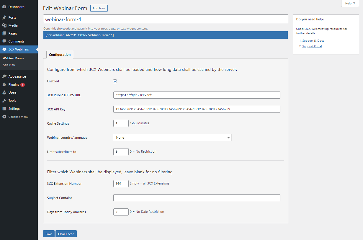 3CX Webinars plugin configuration UI and options.