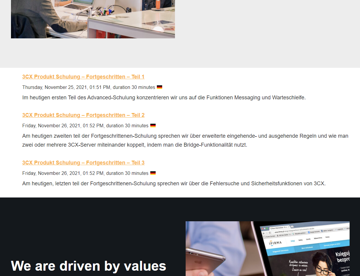 Visitor views list of published webinars via the 3CX Webinars plugin