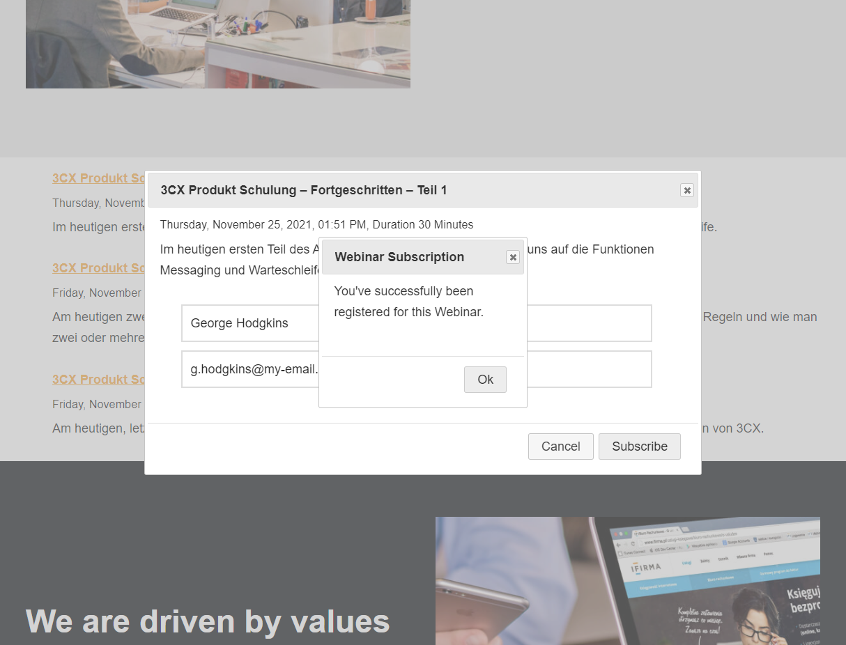 Visitor subscribes to published webinar via the 3CX Webinars plugin subscribe dialog.
