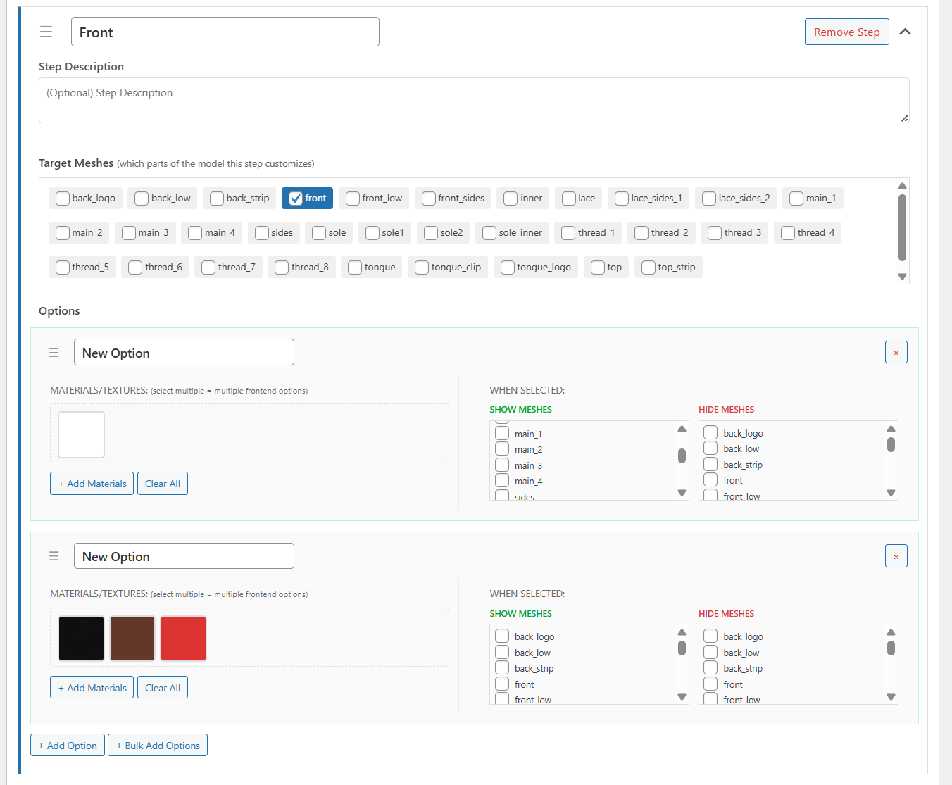 Product metabox in the WordPress admin — add steps, assign texture options, and target specific meshes.