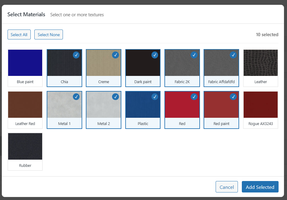 Texture modal — browse the reusable texture library and assign materials to a step option.
