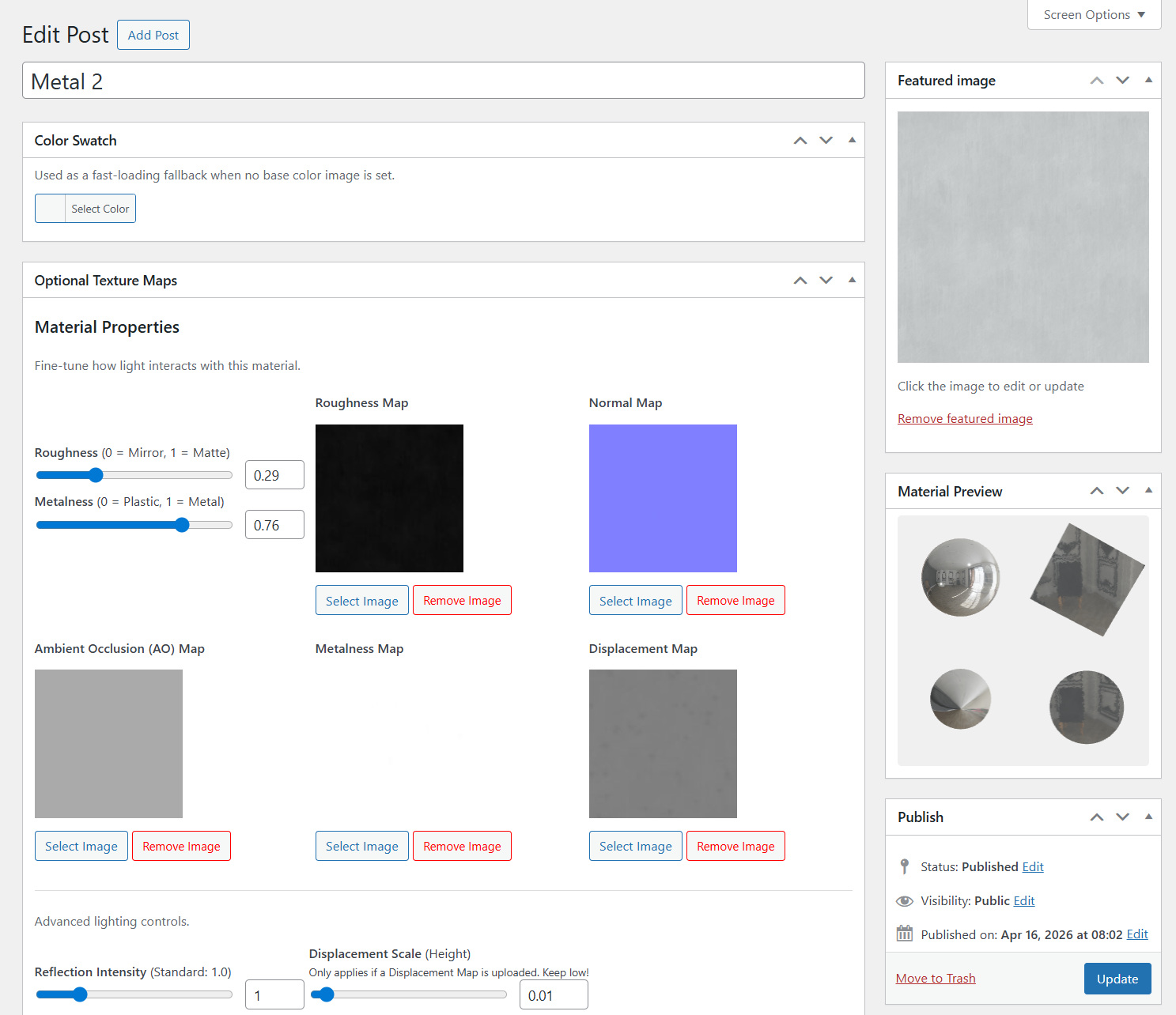 Model Texture editor — upload base color and PBR maps (roughness, normal, AO, metalness), set roughness and metalness sliders.