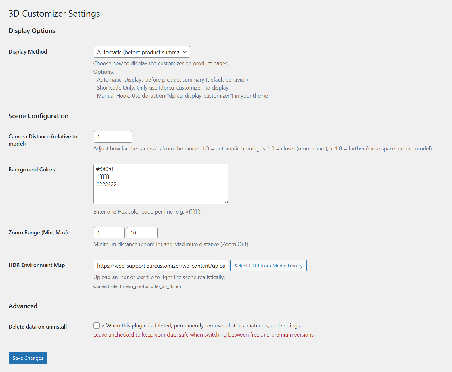 Global Settings page — configure initial camera position, zoom range, background colors, and HDR environment map.