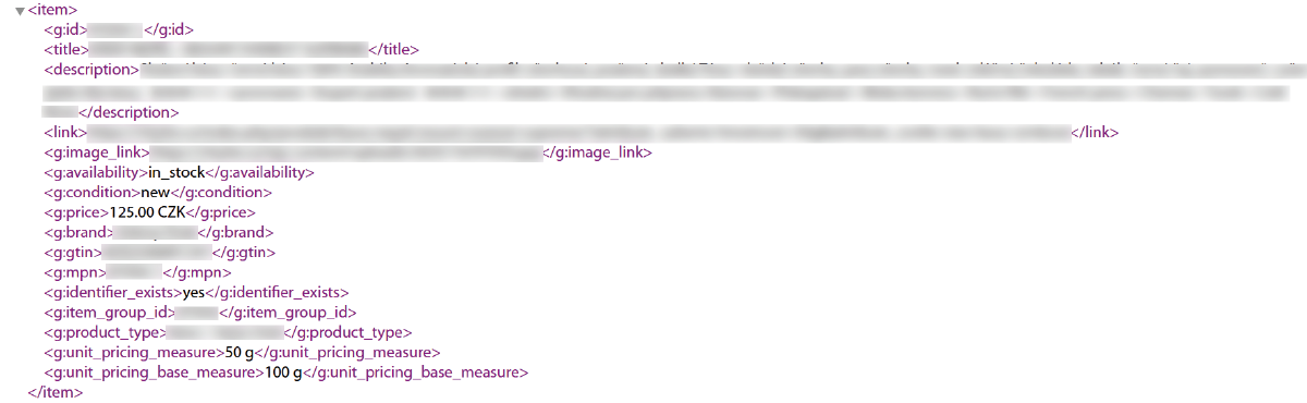 Sample XML item in a browser