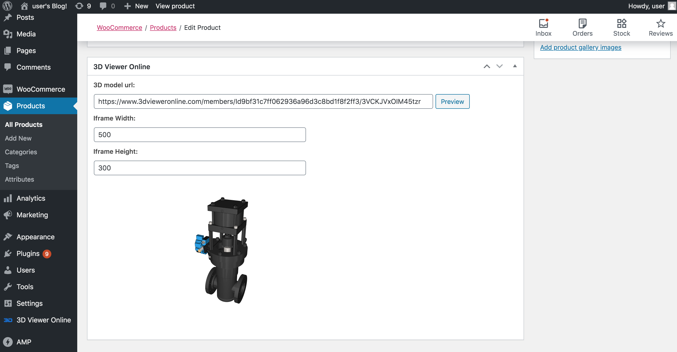 Embed a 3D model into a Wordpress (and WooCommerce) product page.