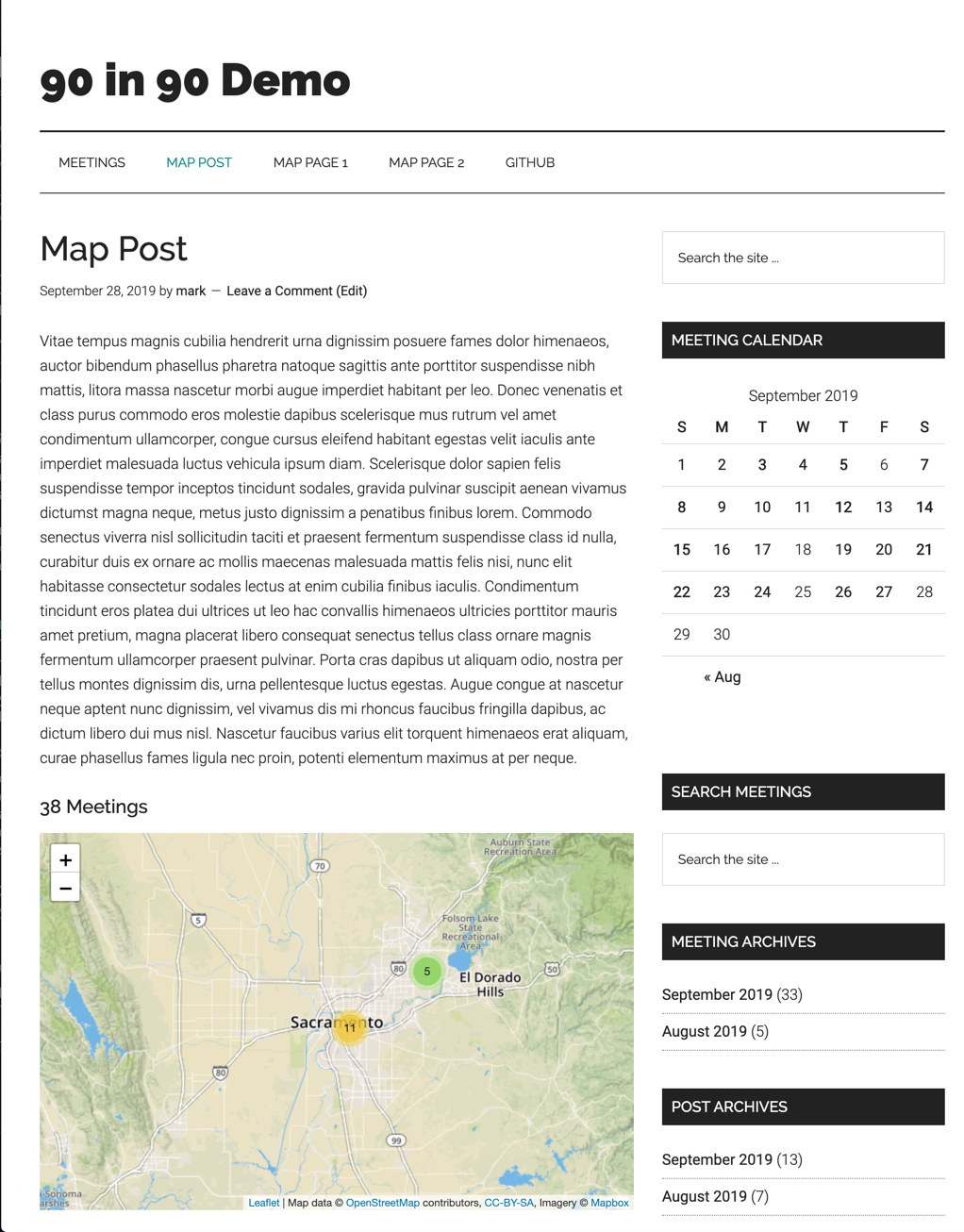Meetings map shortcode in a post.