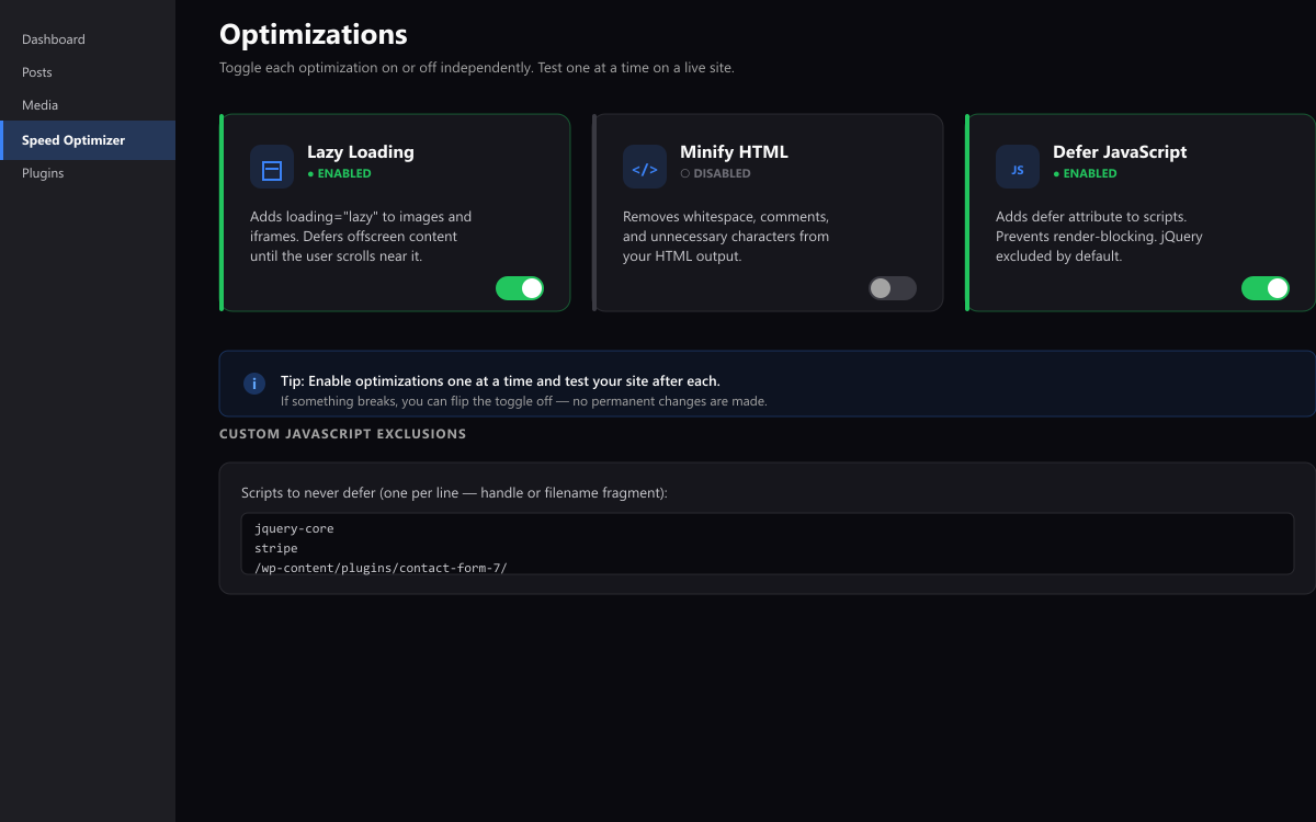 Optimization toggle cards for lazy loading, HTML minification, and JavaScript deferral with descriptive helper text