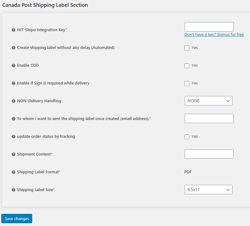 Configuration - Canada Post Available Services.