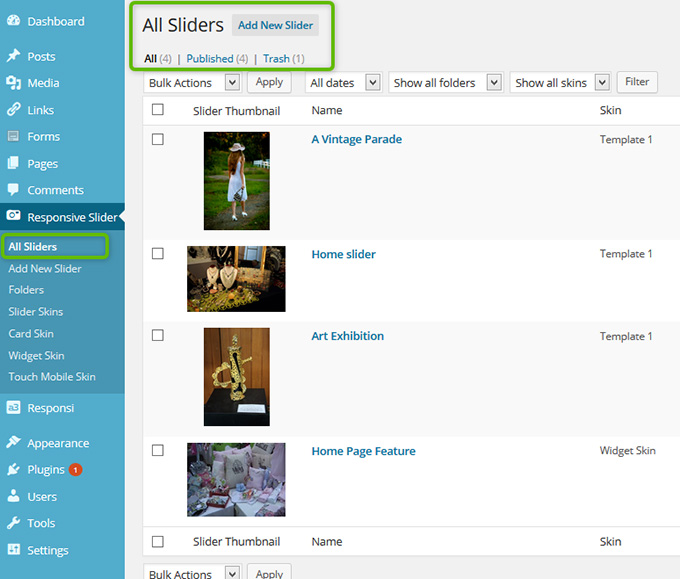 View and manage all sliders from the All Sliders menu, just like posts.