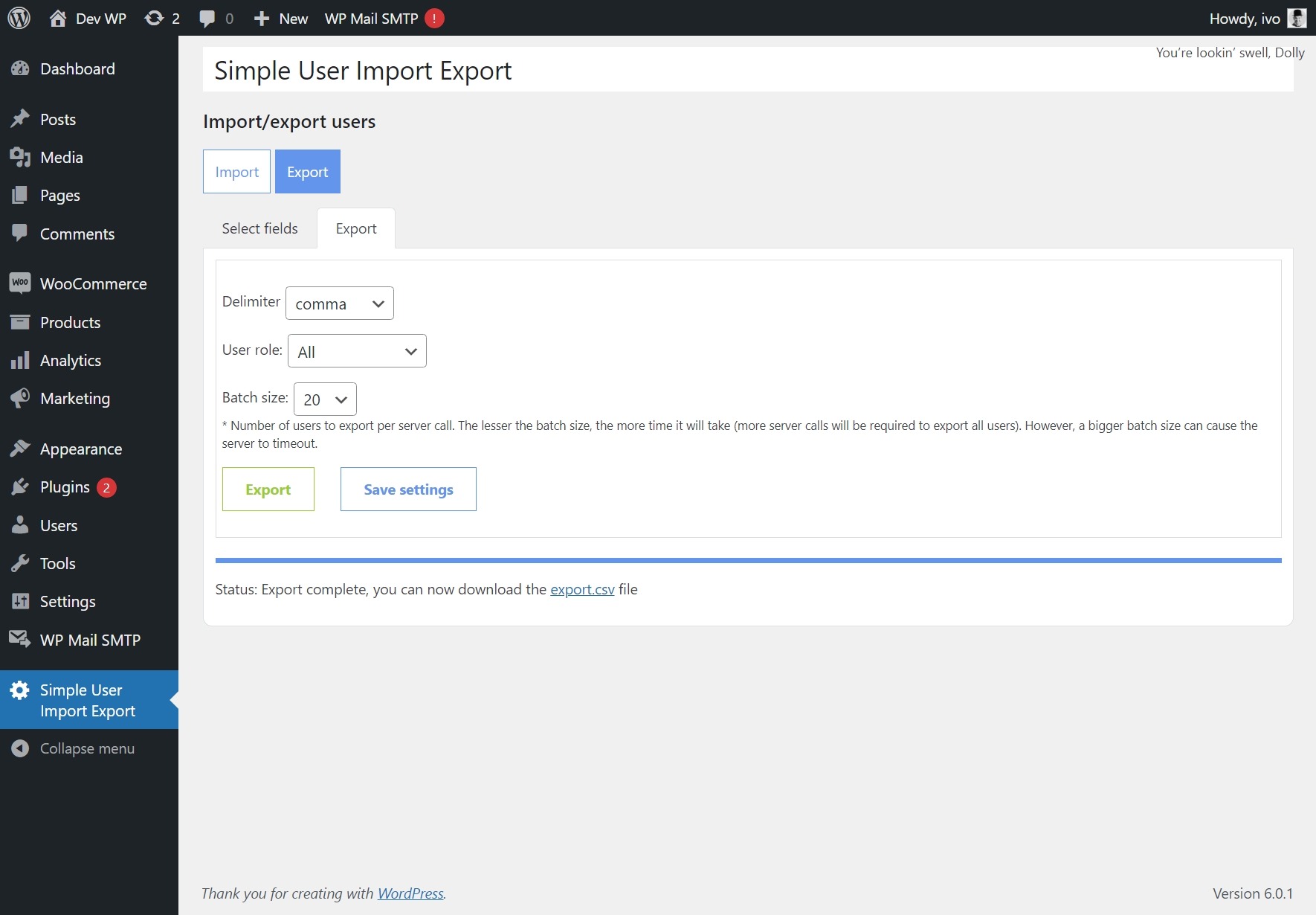 Map WordPress fields to export file fields