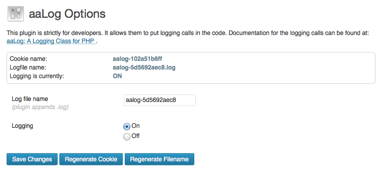 The aaLog Options page, which allows the user to change the cookie and filenames.