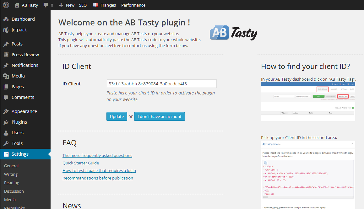 The AB Tasty plugin when installed on Wordpress