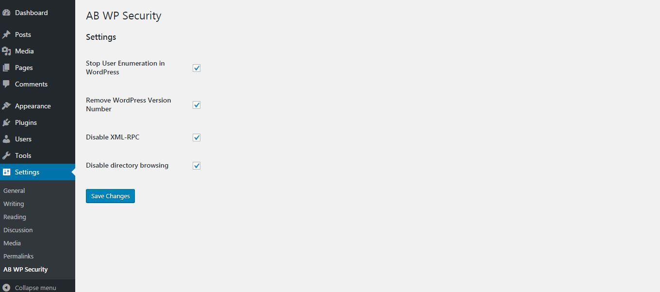 Settings->AB WP Security page