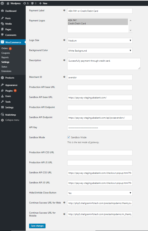 ABA Payment Gateway setting page