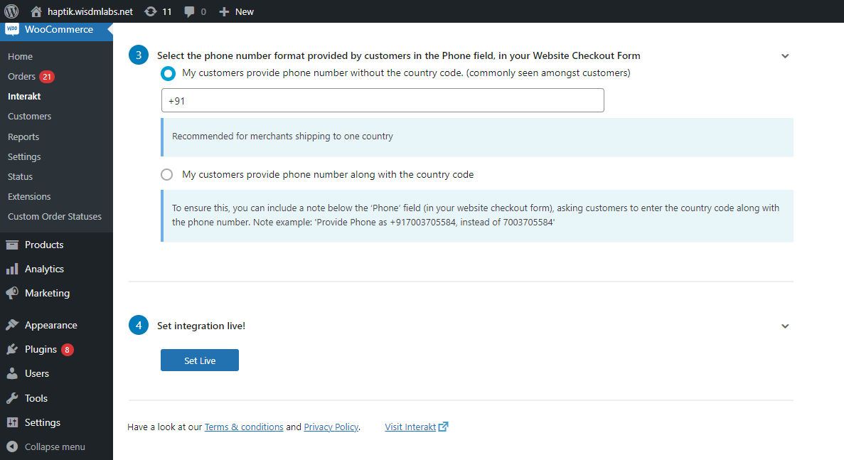 Step 3 & 4 Phone number settings & Set live.