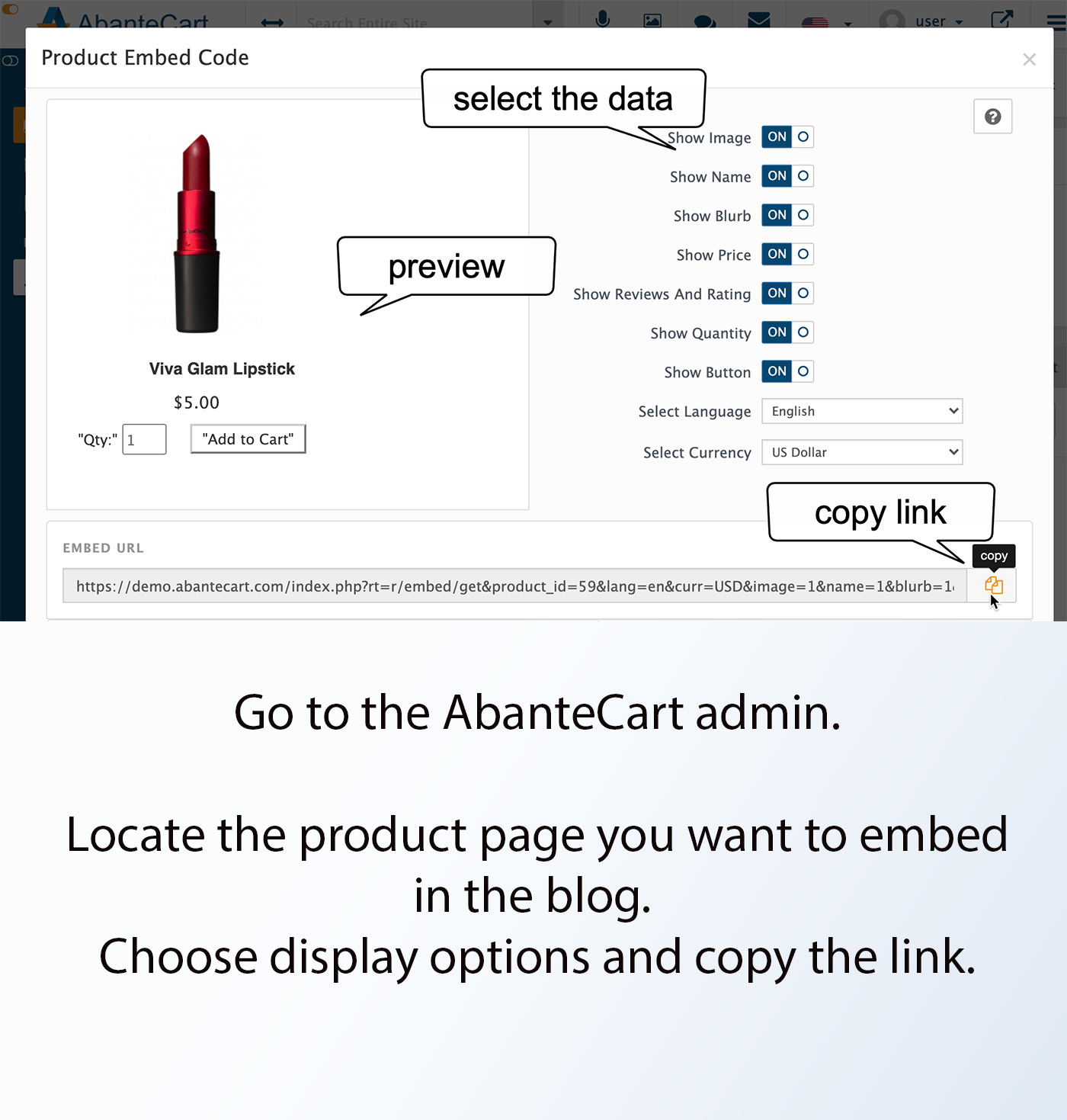 Copy Embed Url in the AbanteCart admin