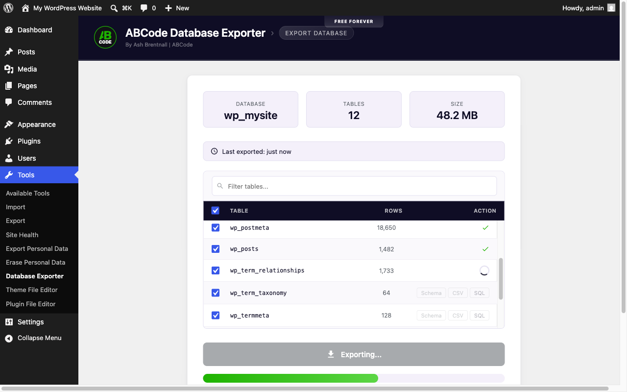 Export in progress with real-time progress bar
